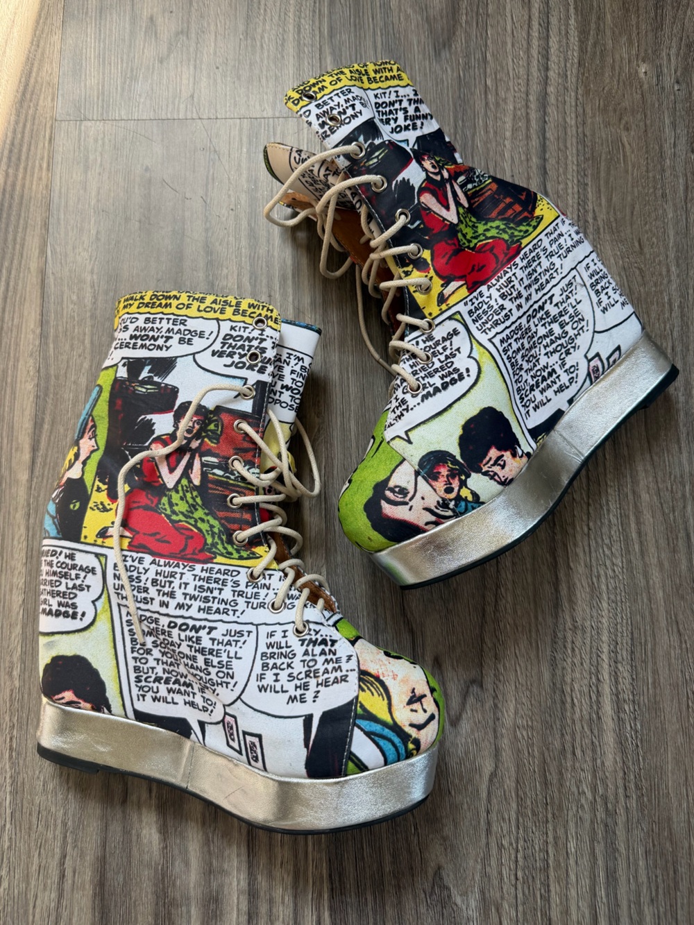 Jeffrey Campbell Blackmilk Damsel Comic Strip Wedge Boots SZ 7